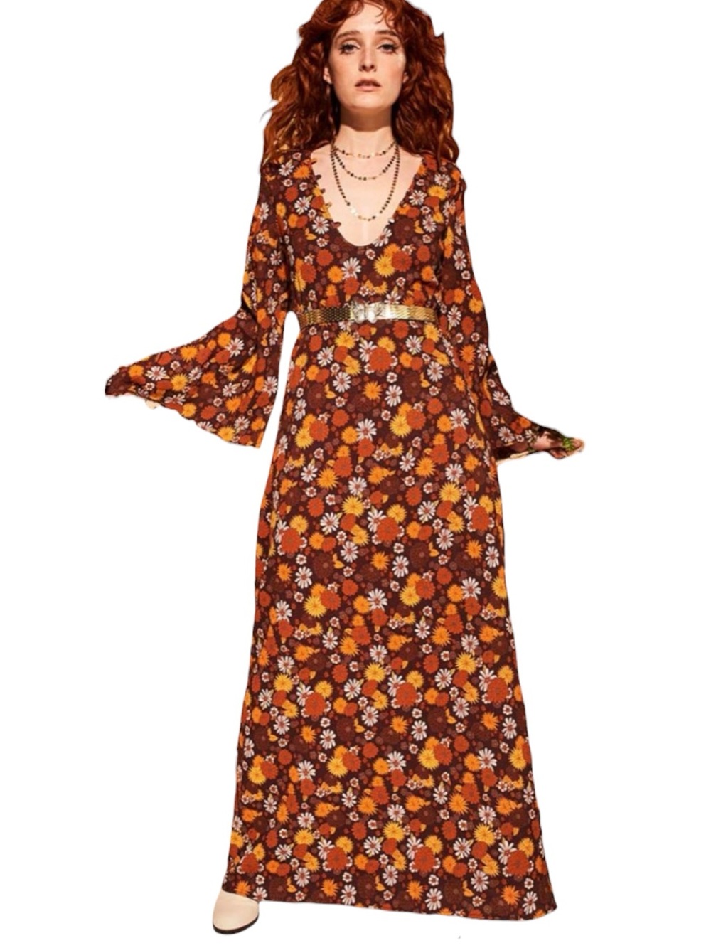 The Hippie Shake Lady of the Canyon Brown Floral Maxi Dress, NWT, Sz 6 US